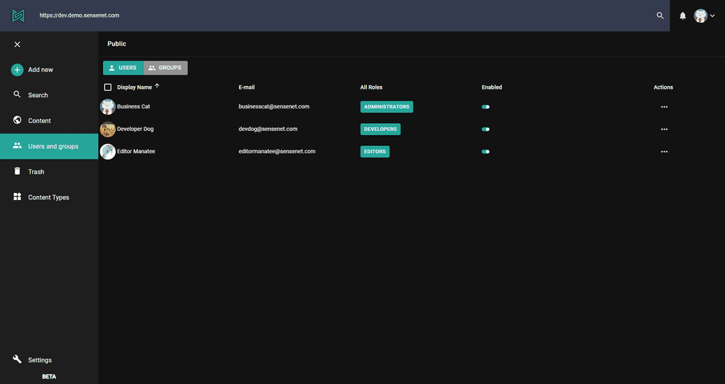 Users and groups section in admin-ui